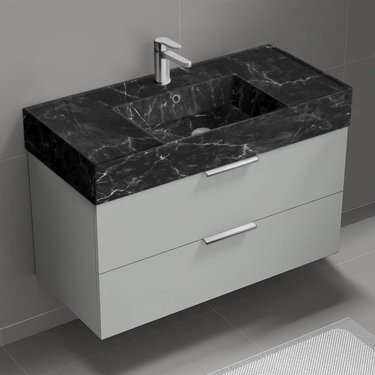 Nameeks DERIN913 40 Inch Bathroom Vanity With Black Marble Design Sink, Wall Mounted, Grey Mist